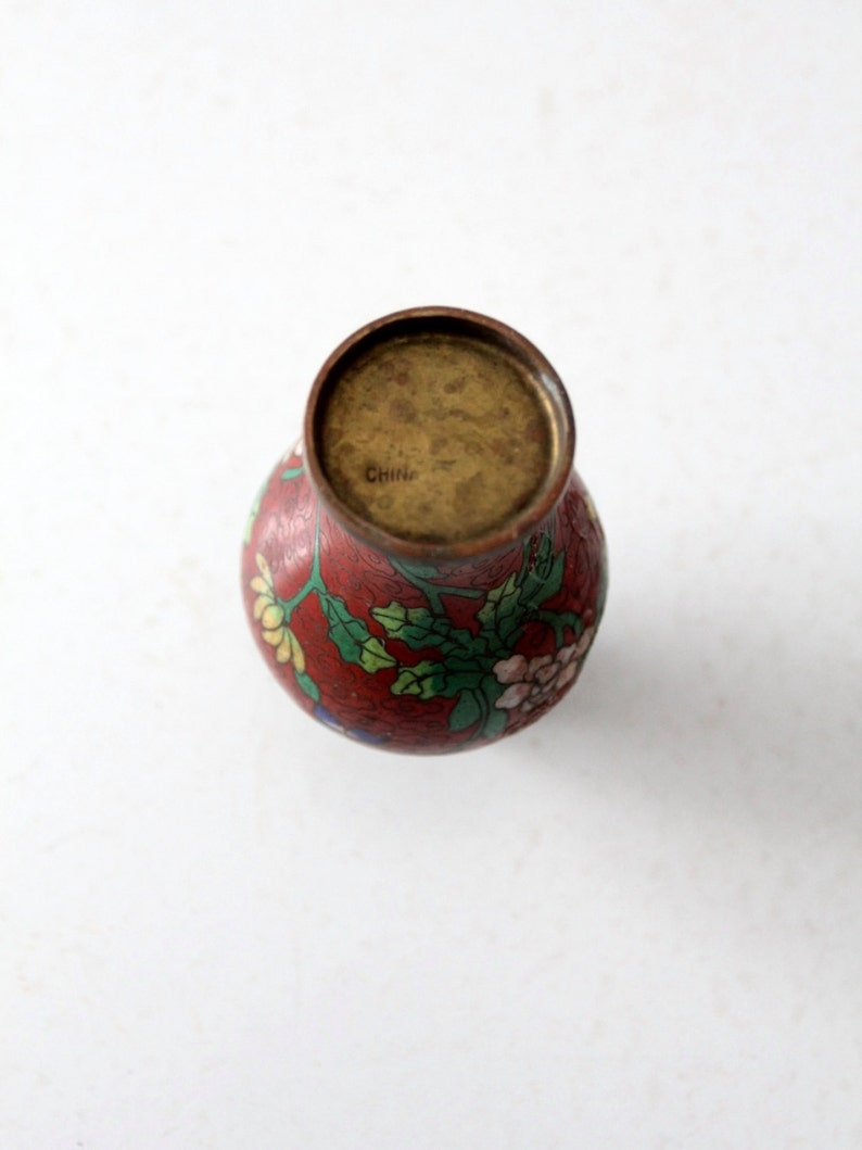 vintage Chinese cloisonné vase, small red floral vase image 5