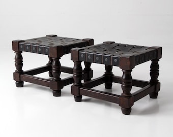 mid-century Spanish Revival leather strap stools pair