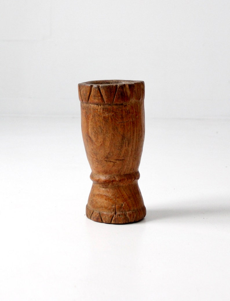 antique wood mortar, rustic wood vase, wooden vessel image 2