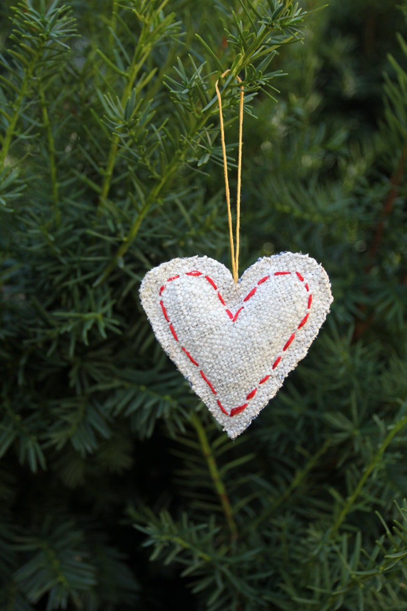 Heart Ornament, homespun linen and denim image 5
