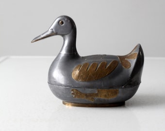 vintage pewter and brass duck trinket box