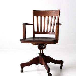 antique desk chair, wood swivel office chair on casters image 1
