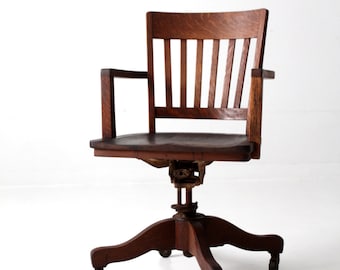 Antique Desk Chair, Wood Swivel Office Chair on Casters