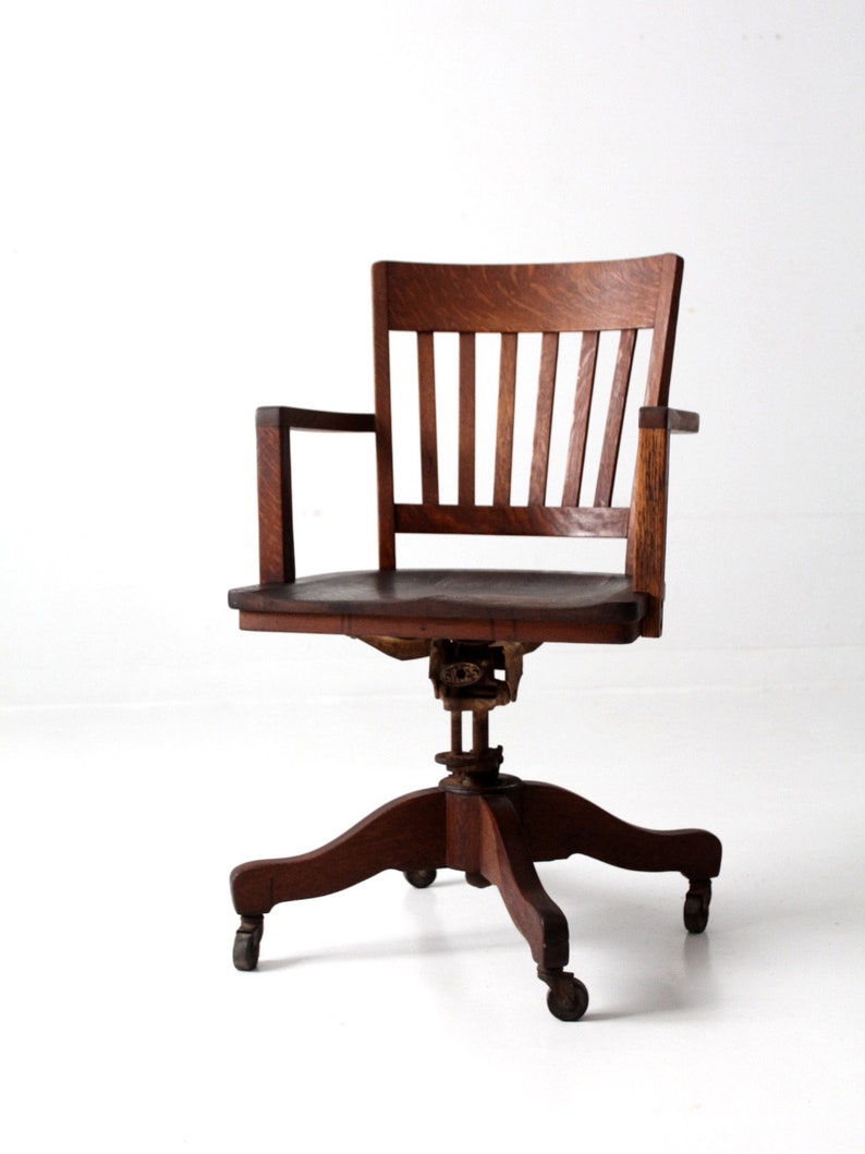 antique desk chair, wood swivel office chair on casters image 1