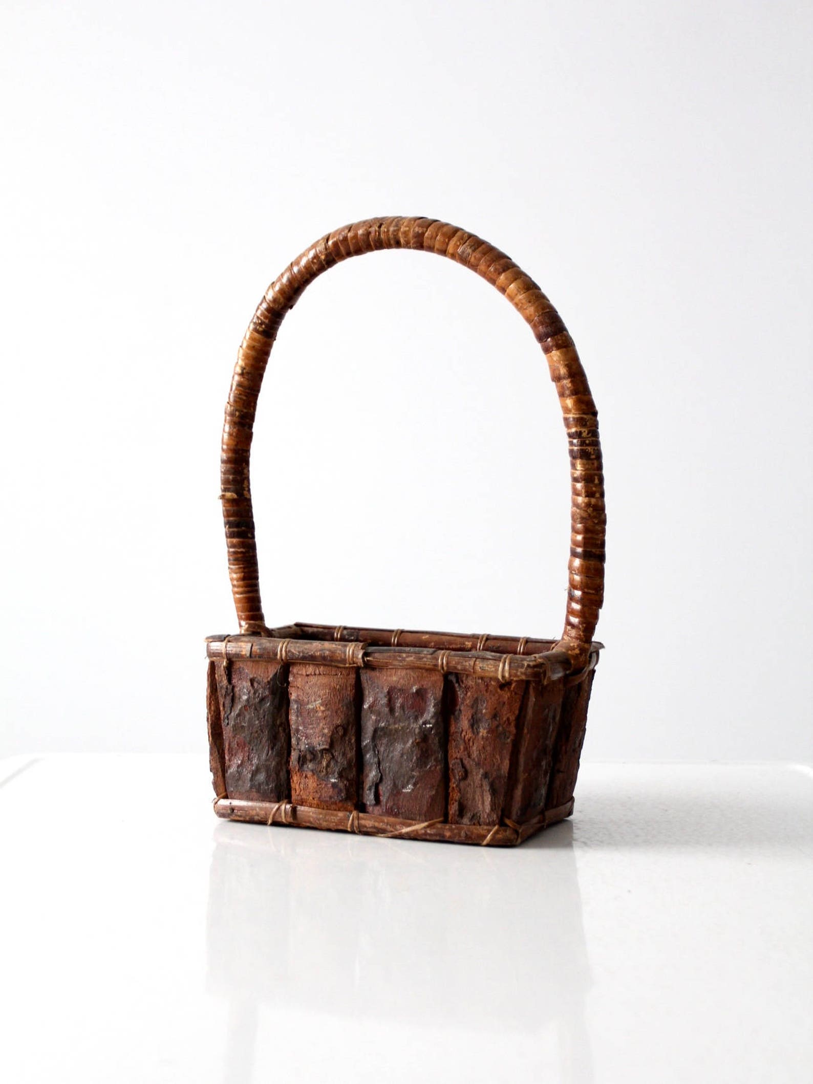 Rustic Wood Handle Basket Vintage Gathering Bark Basket Etsy