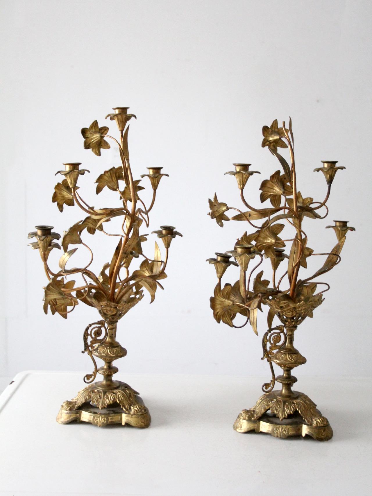 アンティーク真鍮製の花型燭台ペア - Etsy 日本