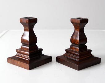vintage wood candlestick holders pair