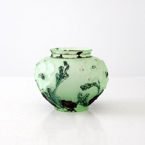 vintage painted glass vase, green frosted glass image 1