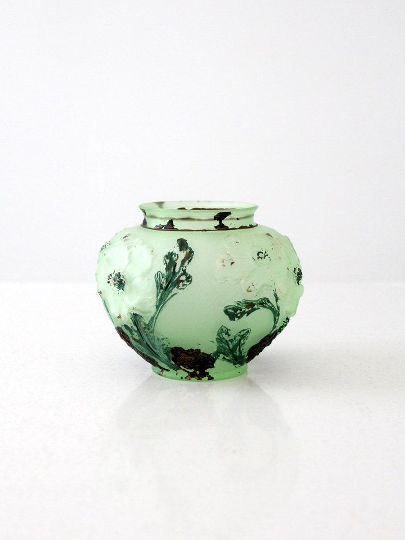 vintage painted glass vase, green frosted glass image 1