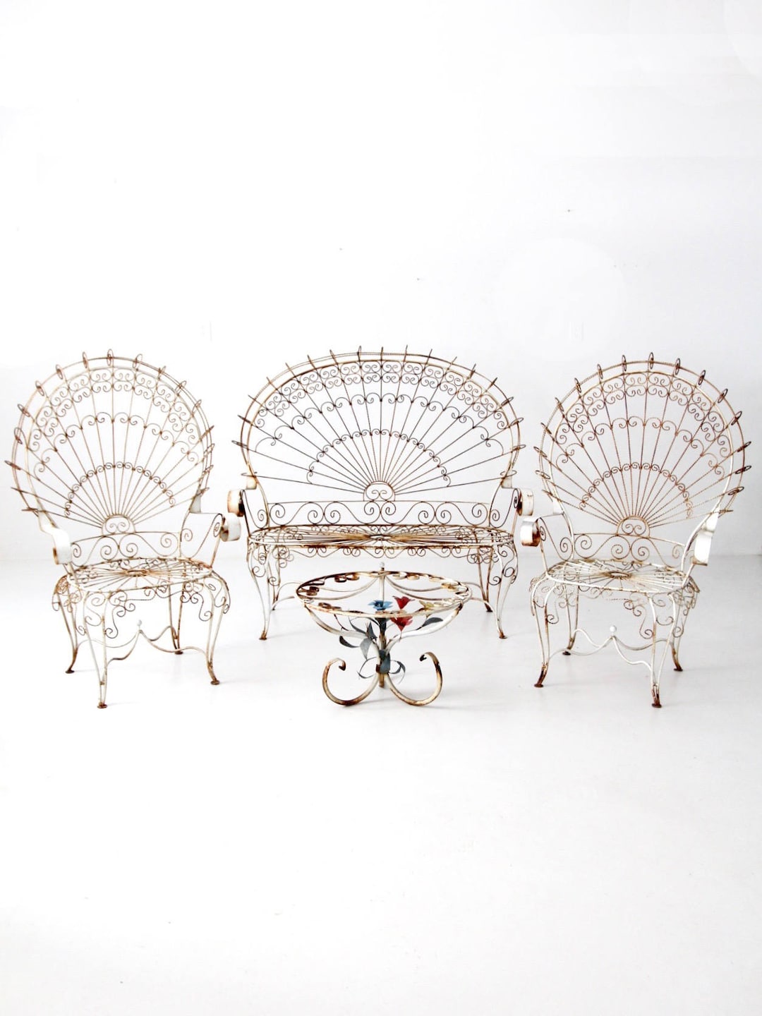 Vintage Wrought Iron Peacock Chairs and Settee With End Table