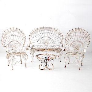 vintage wrought iron peacock chairs and settee with end table outdoor furniture collection
