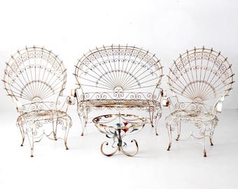 vintage wrought iron peacock chairs and settee with end table outdoor furniture collection
