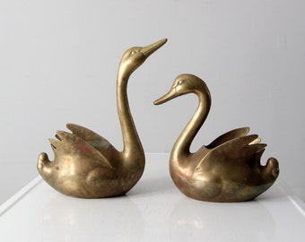 vintage brass swan planter vases pair