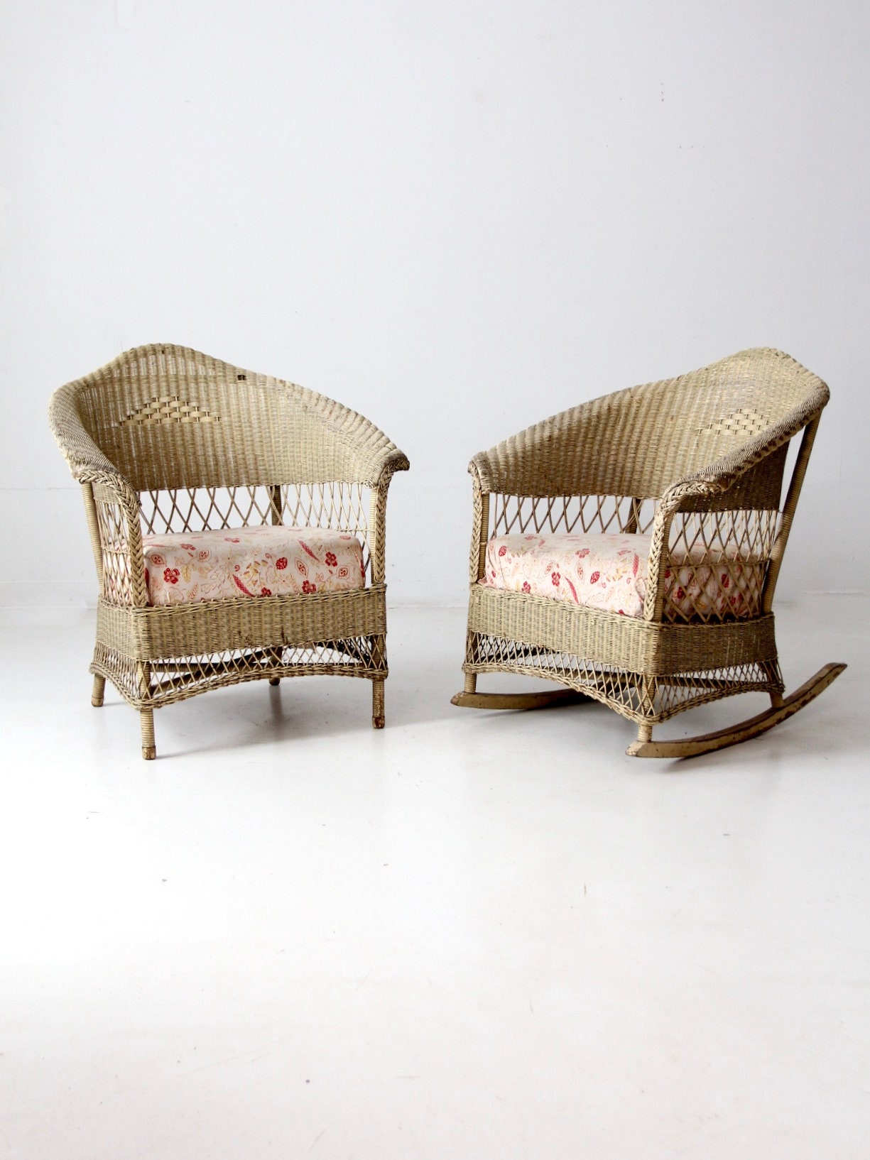 Antique Wicker Chair and Rocker With Cushion Seats Etsy UK