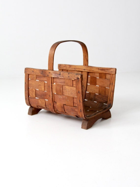 Vintage basket weave wooden magazine or log holder Etsy