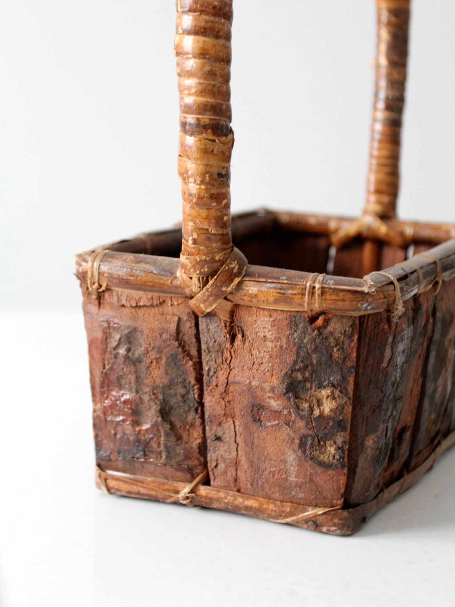 Rustic Wood Handle Basket Vintage Gathering Bark Basket Etsy