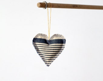 Heart Ornament, french ticking and denim