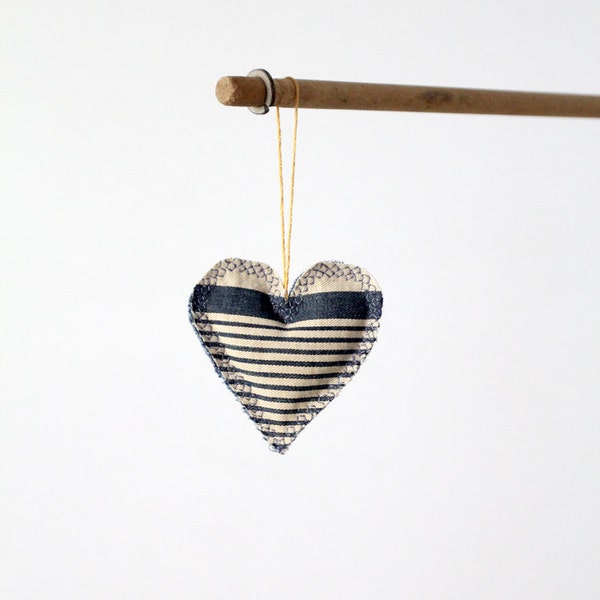 Heart Ornament, french ticking and denim