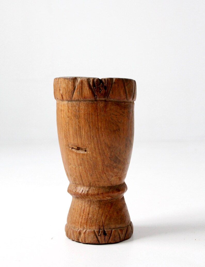 antique wood mortar, rustic wood vase, wooden vessel image 3