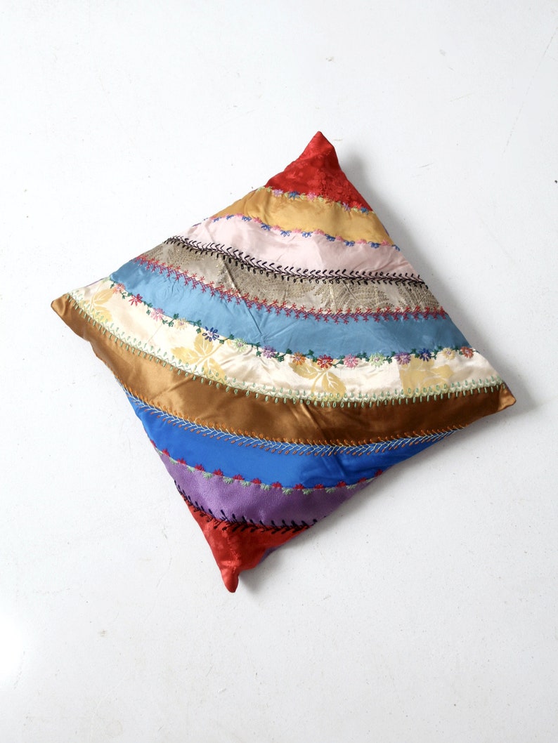 antique rainbow crazy quilt throw pillow image 2