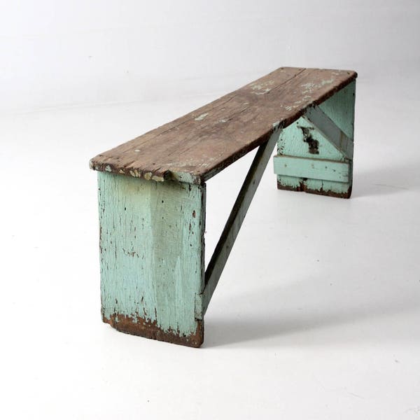 antique primitive wood bench, rustic green bench