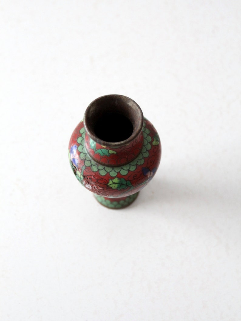 vintage Chinese cloisonné vase, small red floral vase image 4