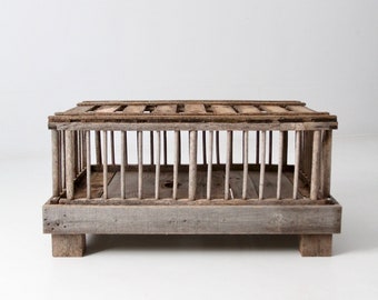 vintage rustic wooden coffee table, old farm crate cage