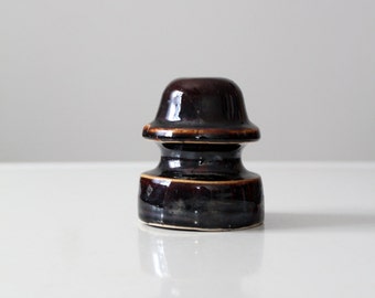 antique ceramic electric insulator, brown stoneware insulator