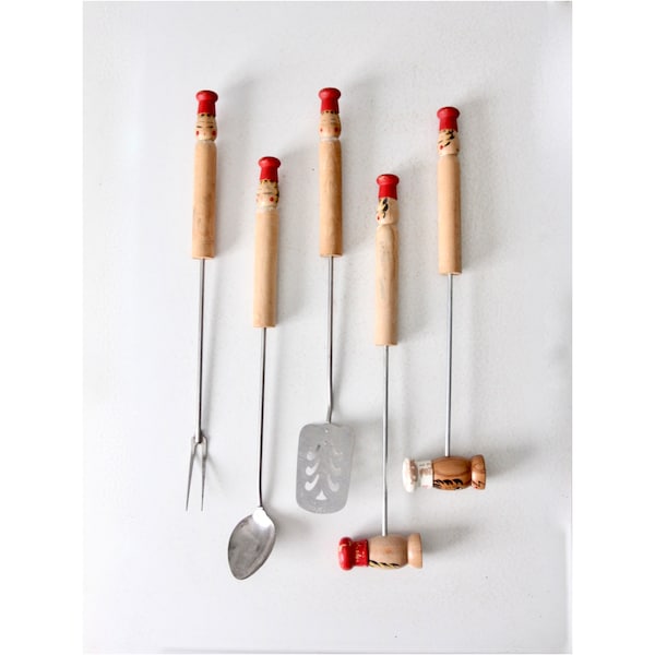mid-century BBQ tools set, Woodpecker Woodware chef utensils