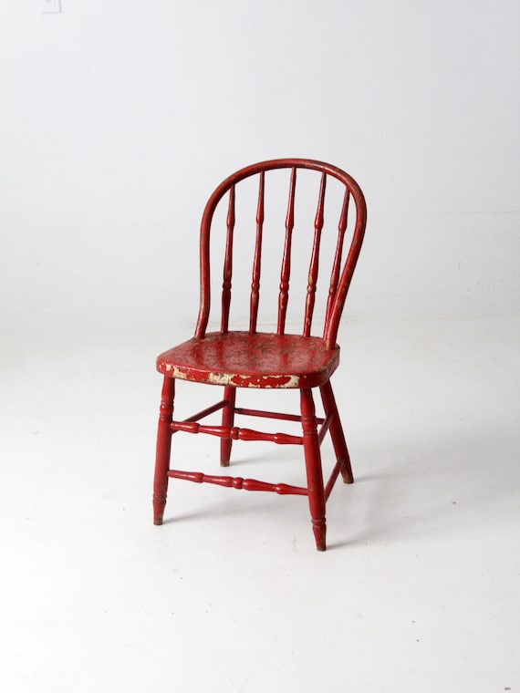 Antique Red Spindle Back Chair Farmhouse Bow Back Windsor Chair