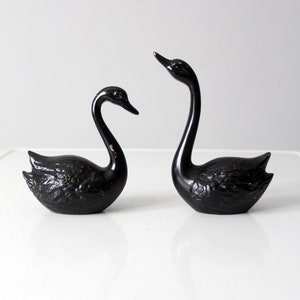 mid-century painted brass black swan figurine pair