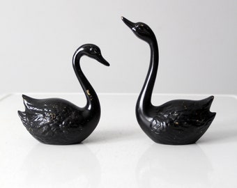 mid-century painted brass black swan figurine pair