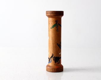 antique painted spool, folk art wooden industrial thread spool