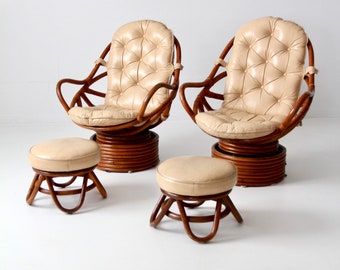 mid-century rattan swivel chair set/2 with ottomans