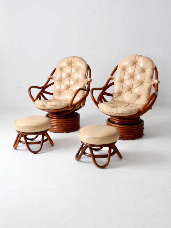 Mid Century Rattan Swivel Chair Set 2 With Ottomans Etsy