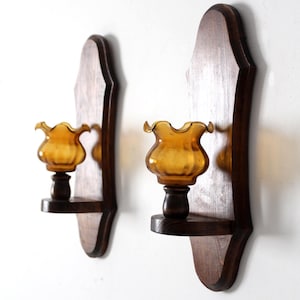 vintage pine wall sconces with amber glass - pair