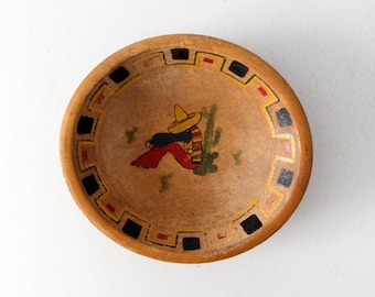 1950s Mexican wood bowl, vintage man cactus painted bowl