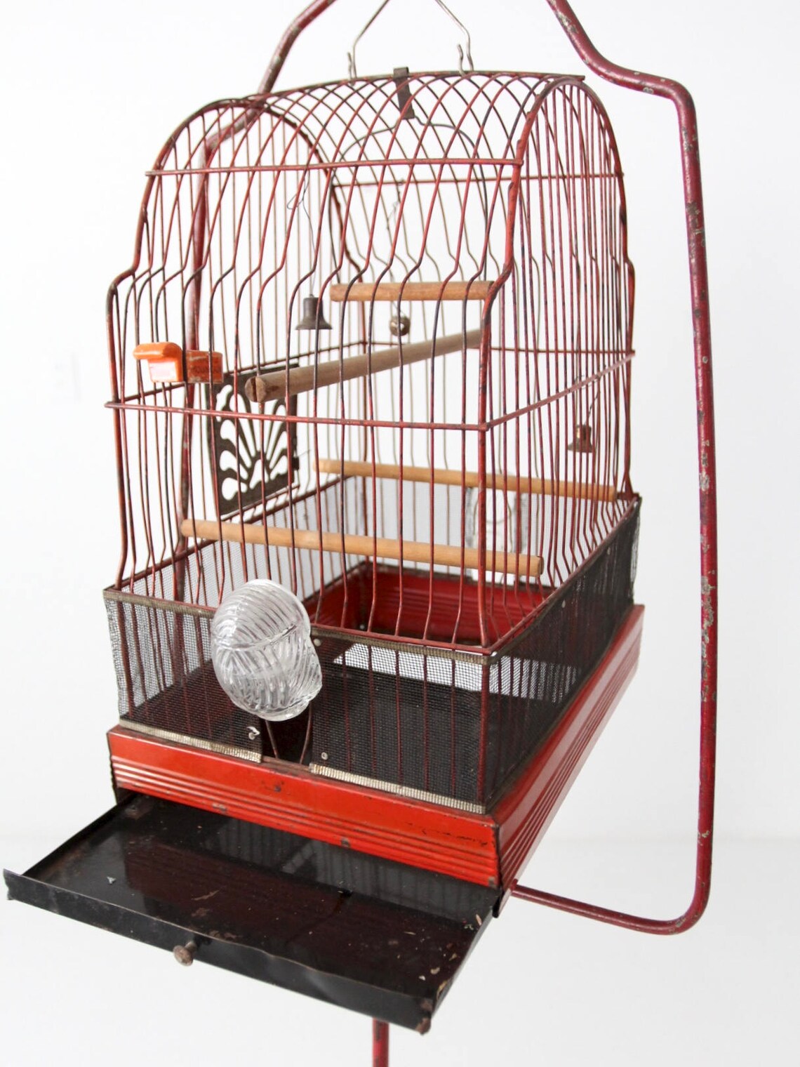 Antique red bird cage on stand Crown bird cage and cast iron Etsy