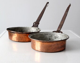 antique copper saute pans - a pair