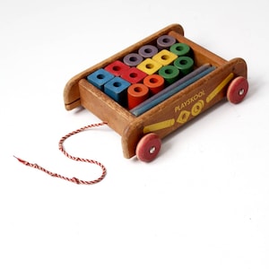 vintage Playskool wagon with wooden toy blocks, toy blocks with pull cart