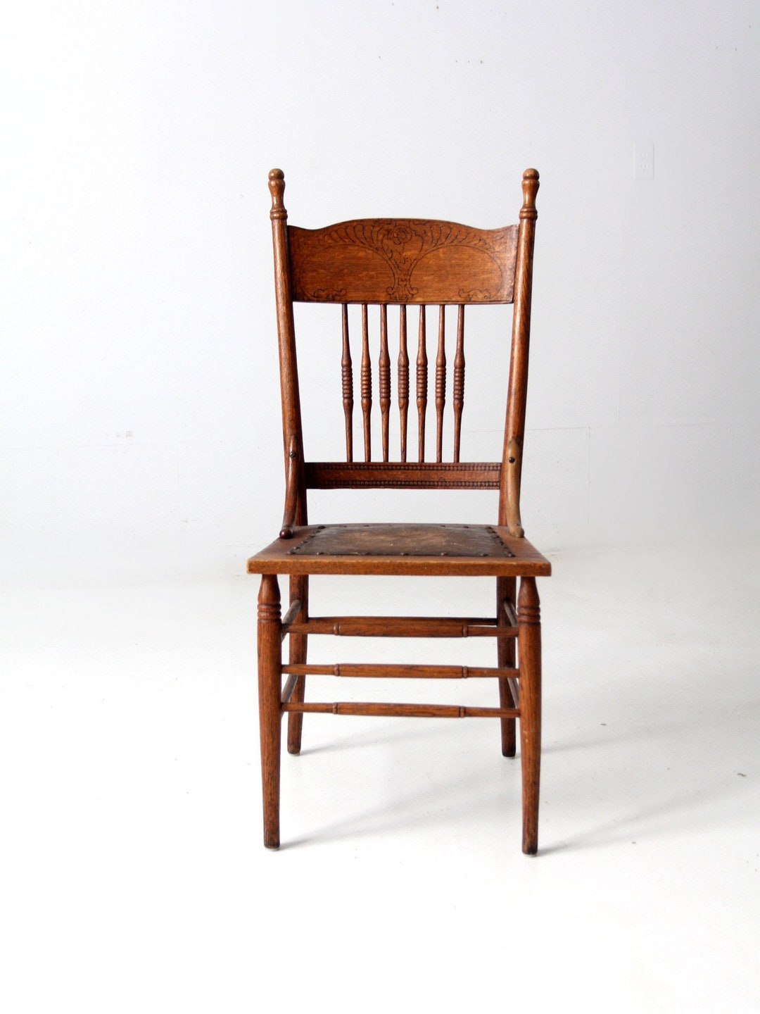 Antique Press Back Chair With Leather Seat Etsy