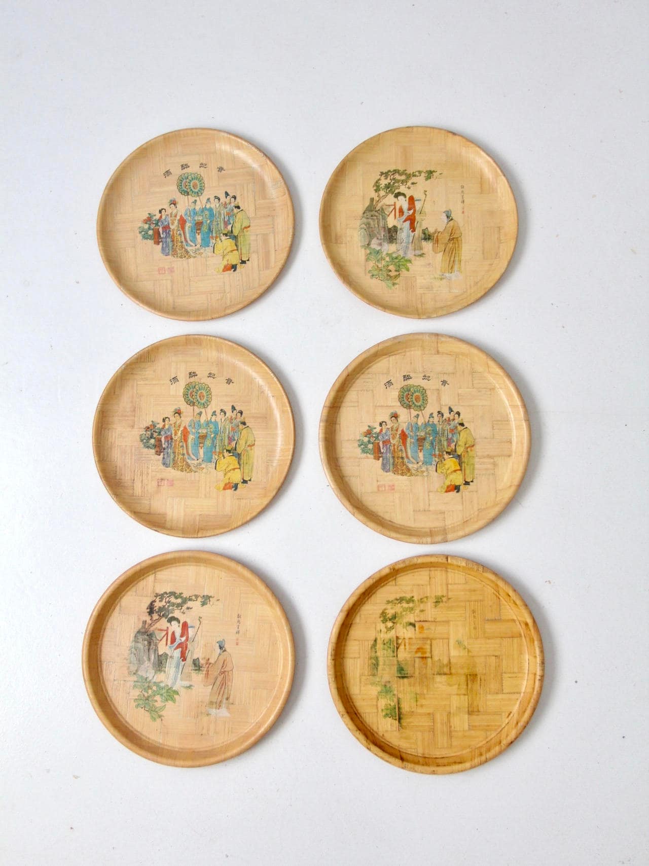 ヴィンテージの中国製竹皿コレクション、歴史を描いた絵皿6枚セット