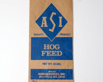 vintage ASI paper feed bag, blue paper farm sacks, country decor