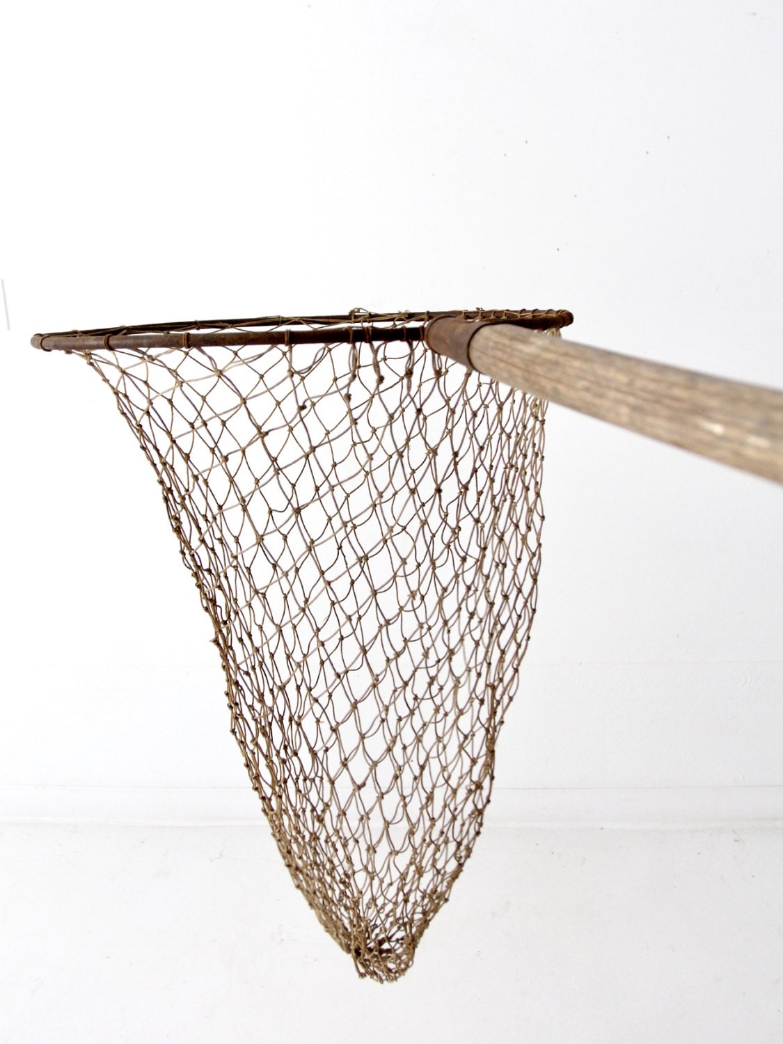 Antique Fish Net on Pole, Large Hand Held Fishing Net 