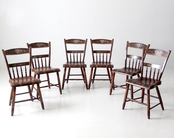 antique set of 6 painted plank seat chairs