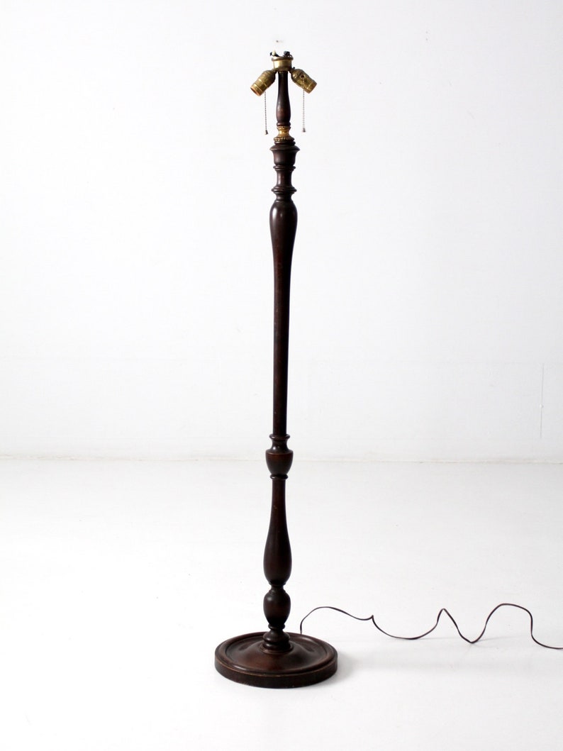 Antique Turned Wood Floor Lamp Victorian Era Double Socket