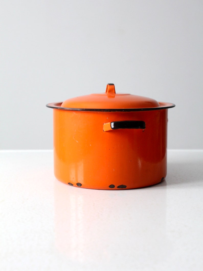 mid-century orange enamelware pot image 5