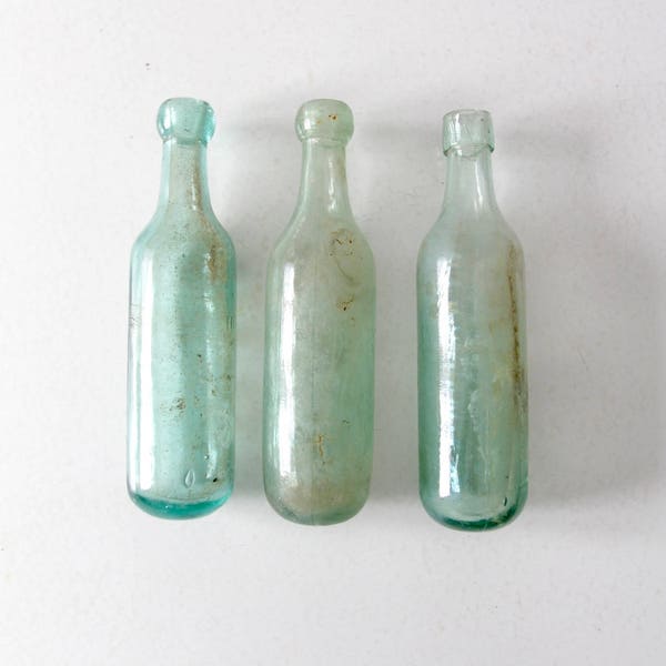 1800s round bottom bottle collection, set of 3 antique soda bottles