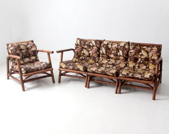 mid-century Calif-Asia rattan section couch and lounge chair set