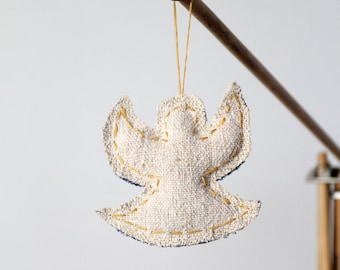 Angel Ornament, homespun linen and denim